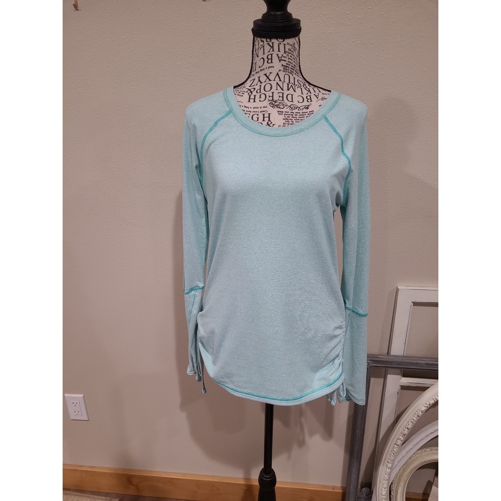 Lucy Women SZ S SPF 15 Long Sleeve Athletic T-Shirt ruched sides thumb hole mint